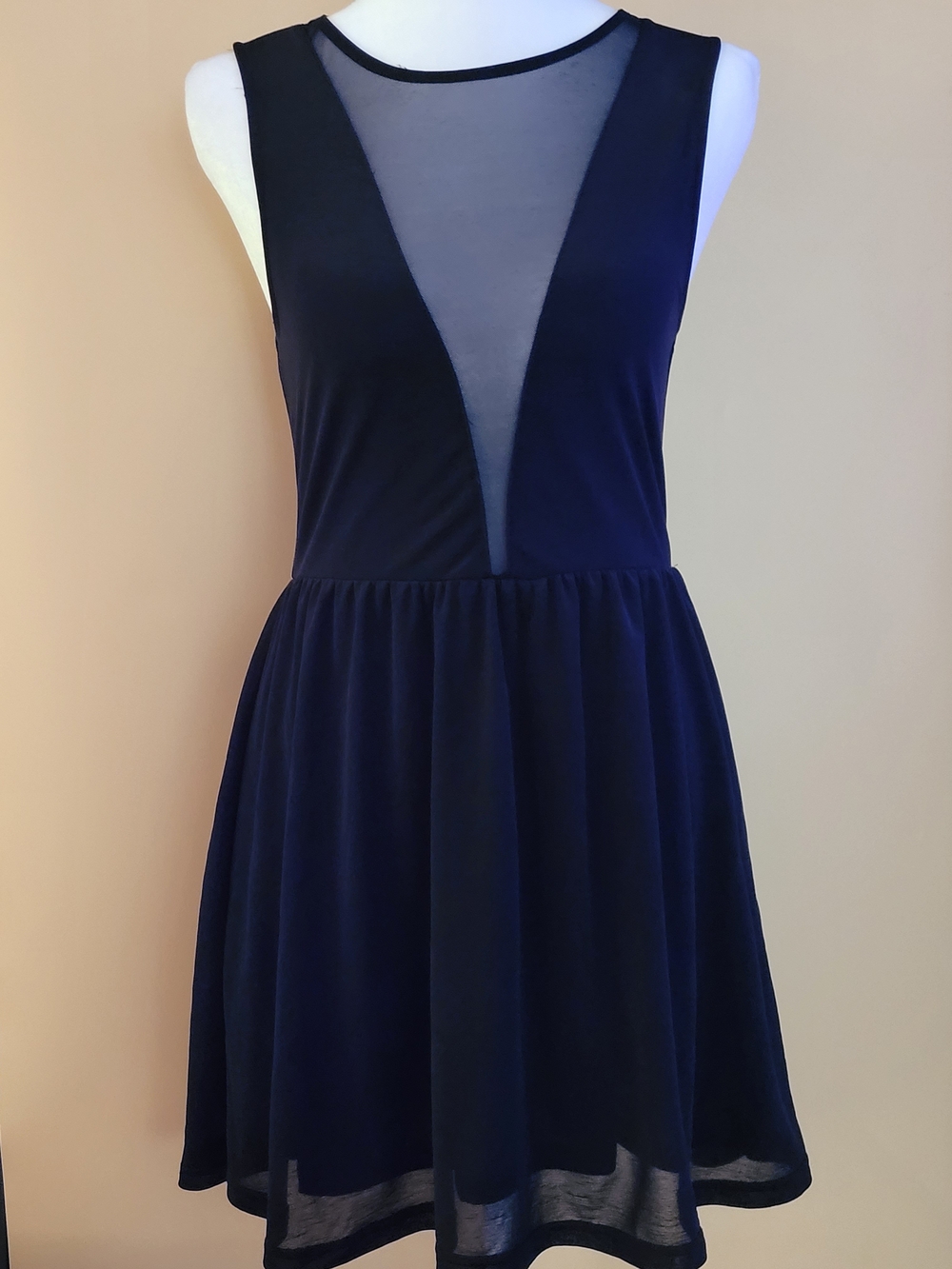 Divided Navy Mesh-Panel Skater Dress